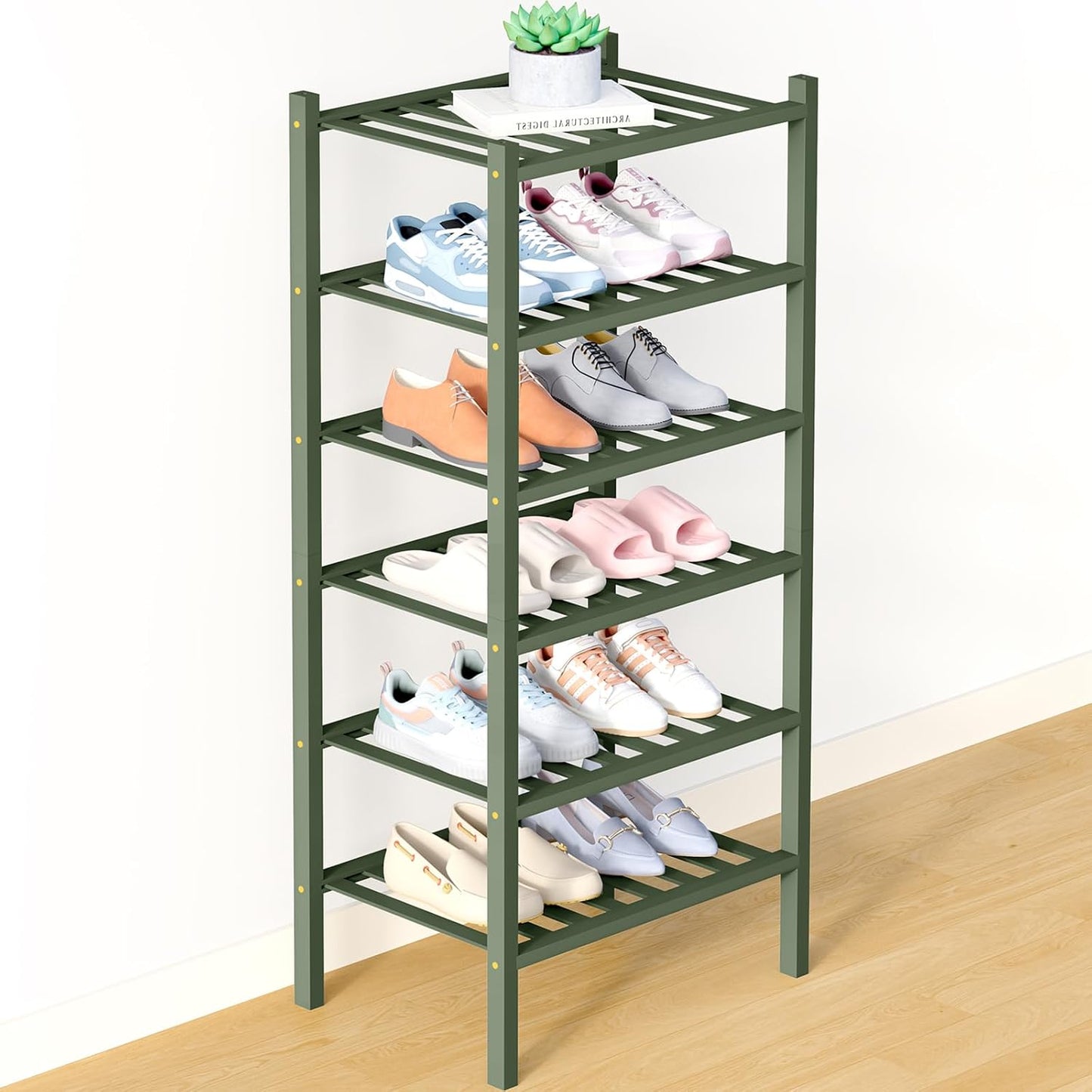Smiry Bamboo Shoe Rack for Closet, 3 Tier Wooden Shoe Organizer, Stackable Wood Shoe Storage Shelf for Entryway, 14 Vertical Slats, One-piece Heavy-Duty Legs, 26.77"x11.02"x18.31", Natural