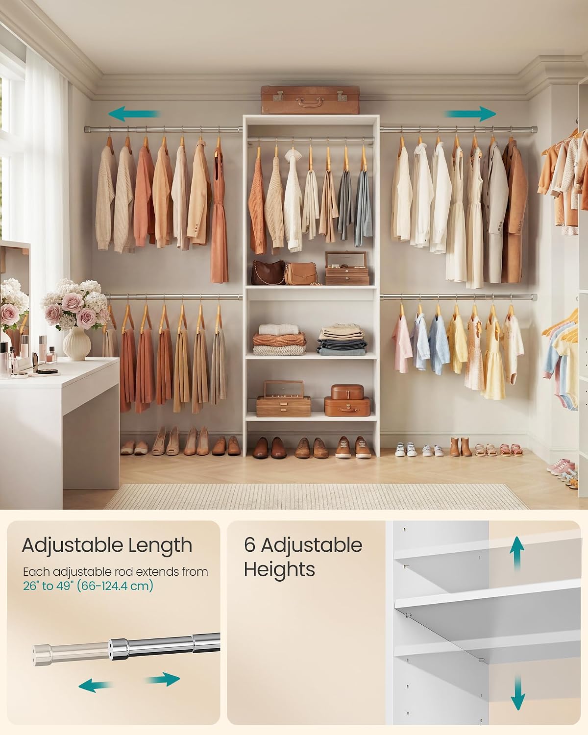 SONGMICS Closet System, Customizable Walk-In Closet Organizer System with Adjustable Hanging Rods and Storage Shelves, White, Fits Spaces 4-9.6 ft URGR040WZ01S