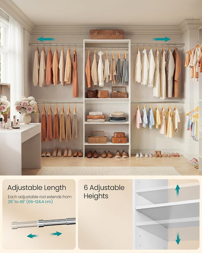 SONGMICS Closet System, Customizable Walk-In Closet Organizer System with Adjustable Hanging Rods and Storage Shelves, White, Fits Spaces 4-9.6 ft URGR040WZ01S
