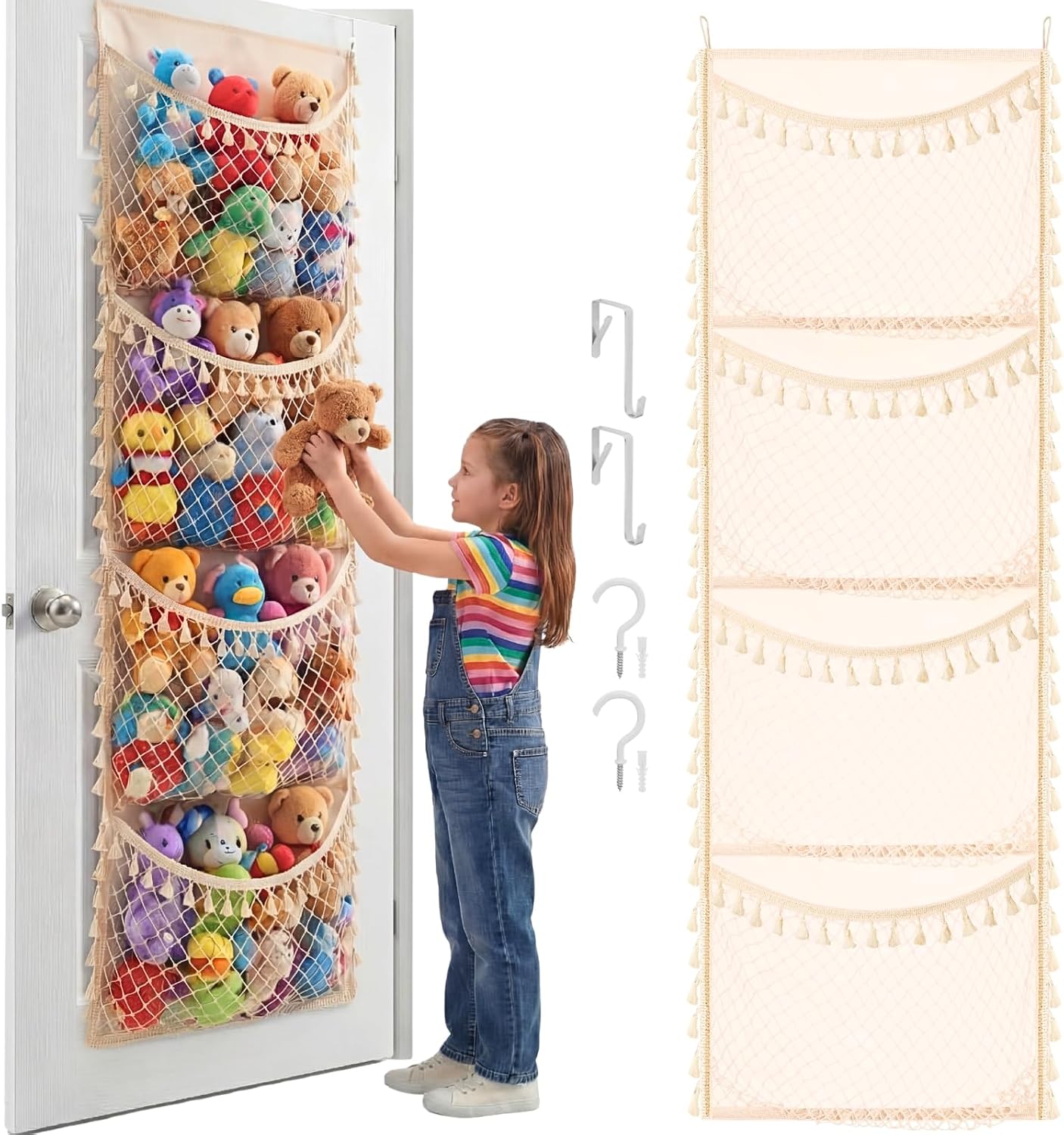Ofiray-home Cotton Over The Door Stuffed Animal Storage | Toy Organizer for Storage Plush Toys, Stuffed Animal Holder with 4 Large Pockets, Hanging Door Organizer for Nursery