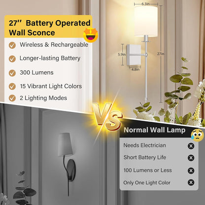 24.8 Inch Black Battery Operated Wall Sconces Set of 2, Rechargeable Wireless Wall Lights with Remote & White Fabric Shade, Indoor Not Hardwired Dimmable Wall Lamps for Bedroom, 2 Bulbs Included