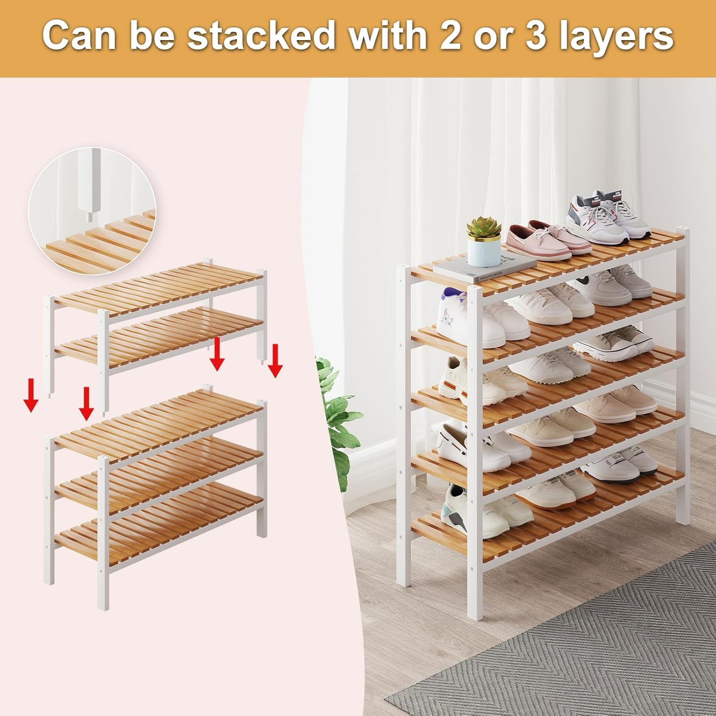 Bamboo Shoe Rack Organizer for Closet and Entryway - Space-Saving Narrow Shoe Stand - Versatile Shoe Holder for Door or Closet Shelf, Garage Bedroom can Freely Stack DIY Small Shoe Racks 3 Tier