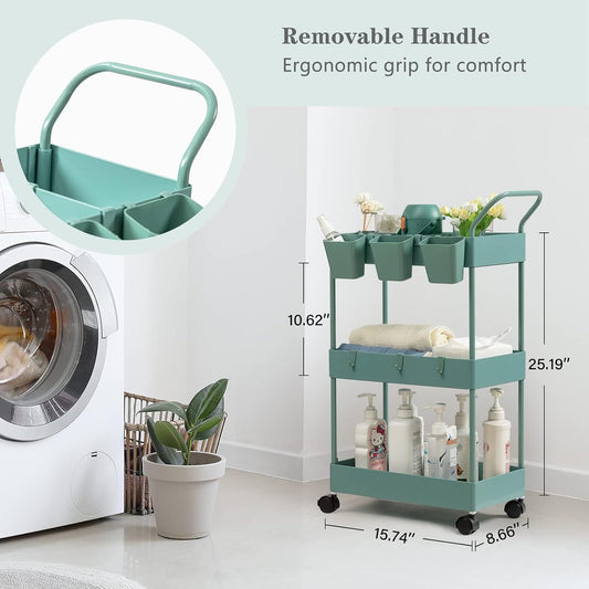 danpinera Storage Cart on Wheels, 3 Tier Slim Laundry with Wheels Bathroom Organizer with Hanging Cups Hooks Dividers Handle Mobile Rolling Art Cart for Bathroom Kitchen Narrow Places, White
