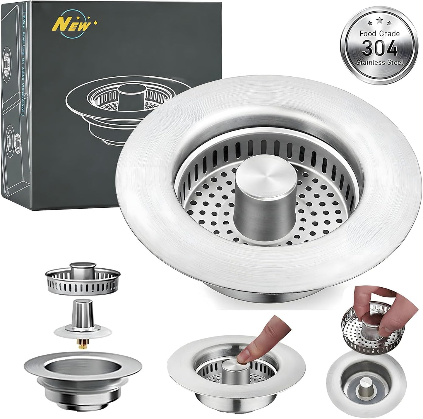 YYKBZ 3 in 1 Kitchen Sink Drain Strainer， Stainless Steel Pop Up Sink Stopper， Plug for Sink Drain Strainer with Anti-Clogging Basket for Us Standard 3-1/2"Drain Easy to Install （1pcs）