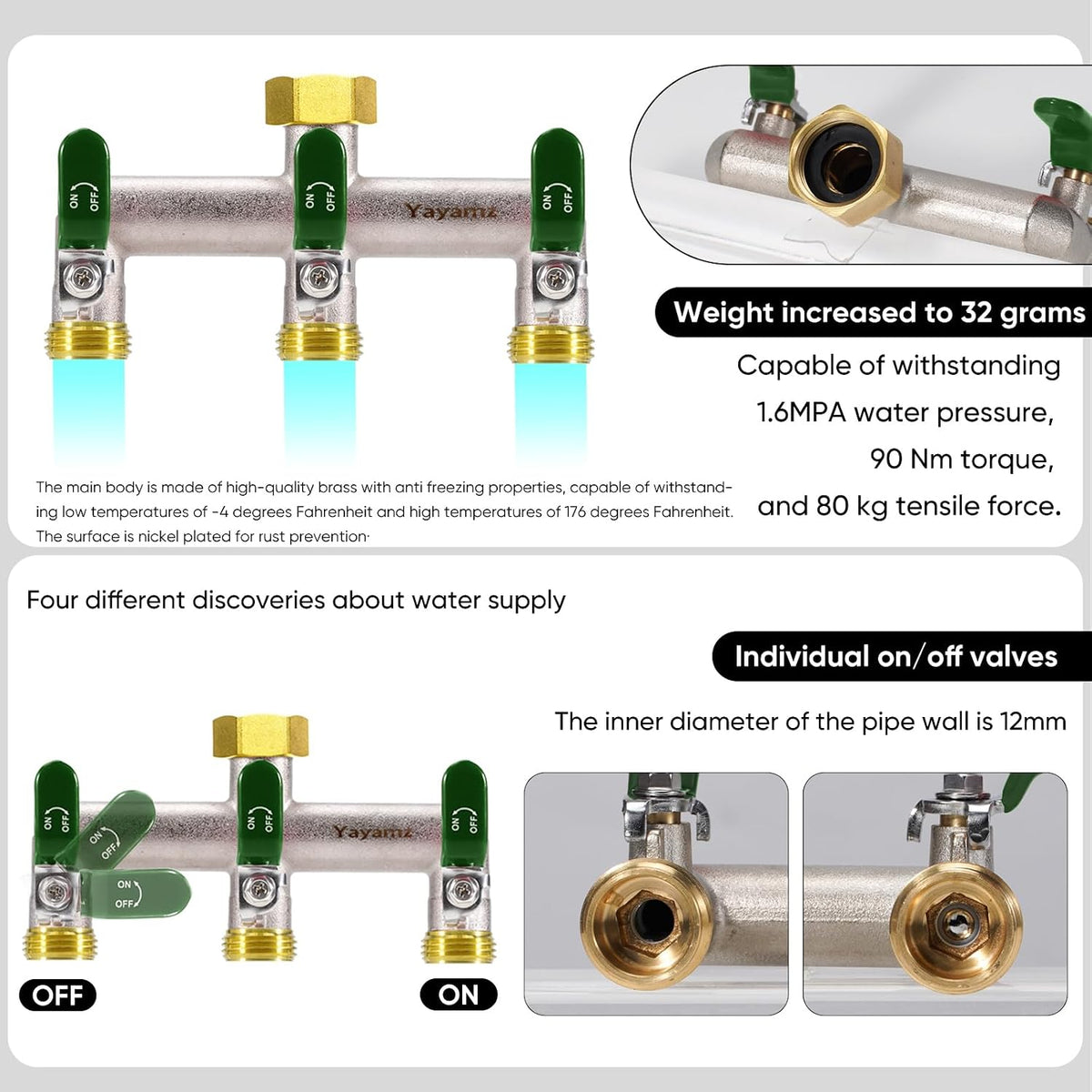 Garden Hose Splitter, 3/4” Rust and Freeze Resistant Outdoor Hose Manifold with 2 green Extra Long Handles Faucet Adapter-Heavy Duty Brass Nickel Plated 2-Way Valve