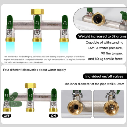 Garden Hose Splitter, 3/4” Rust and Freeze Resistant Outdoor Hose Manifold with 2 green Extra Long Handles Faucet Adapter-Heavy Duty Brass Nickel Plated 2-Way Valve