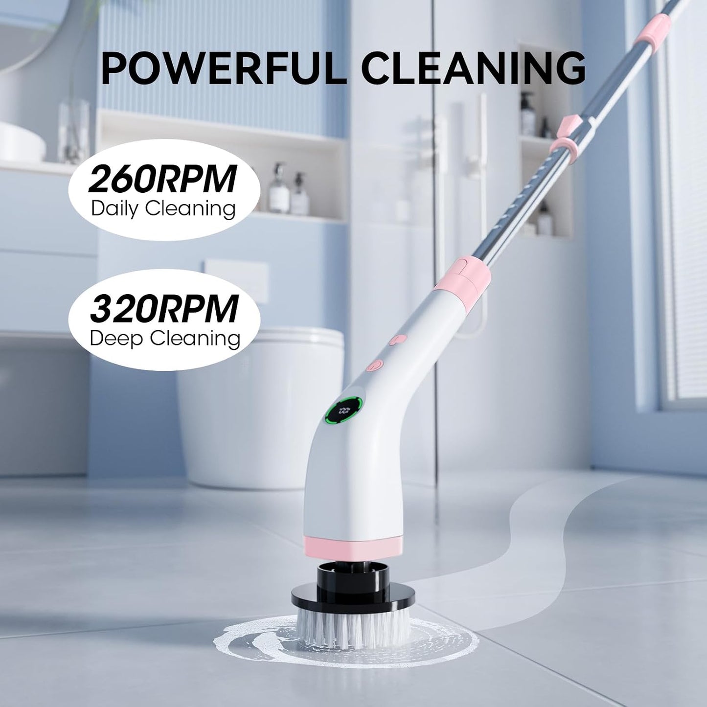 Electric Bathroom Cleaning Brush, Cordless Spin Scrubber Full Body Waterproof IPX7 with Adjustable Handle, 8 Replaceable Brush Heads for Bathtub/Kitchen/Window/Home -SD-CTB01