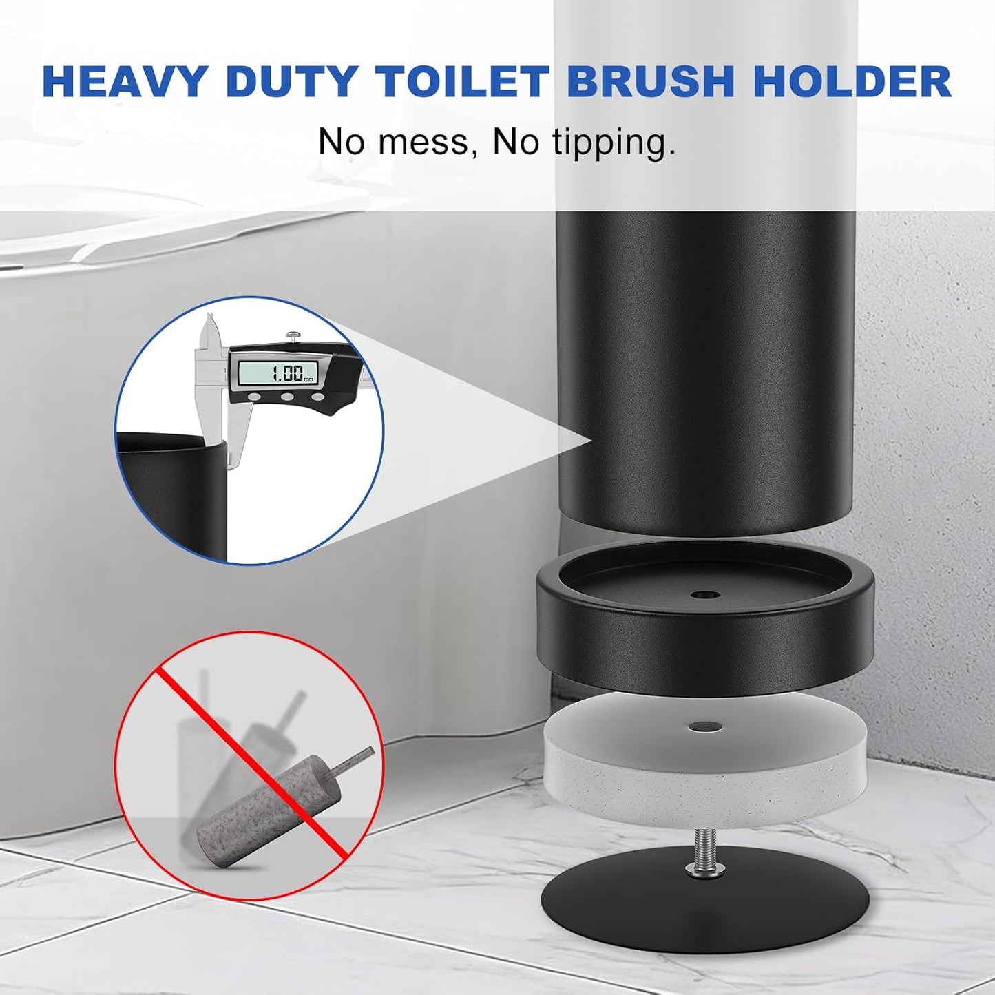Brushed Nickel Toilet Brush and Holder Set, 304 Stainless Steel Toilet Brush for Bathroom, Heavy Duty Toilet Bowl Brush with Holder, Removable Inner Bowl and Splash Protection, Long Handle