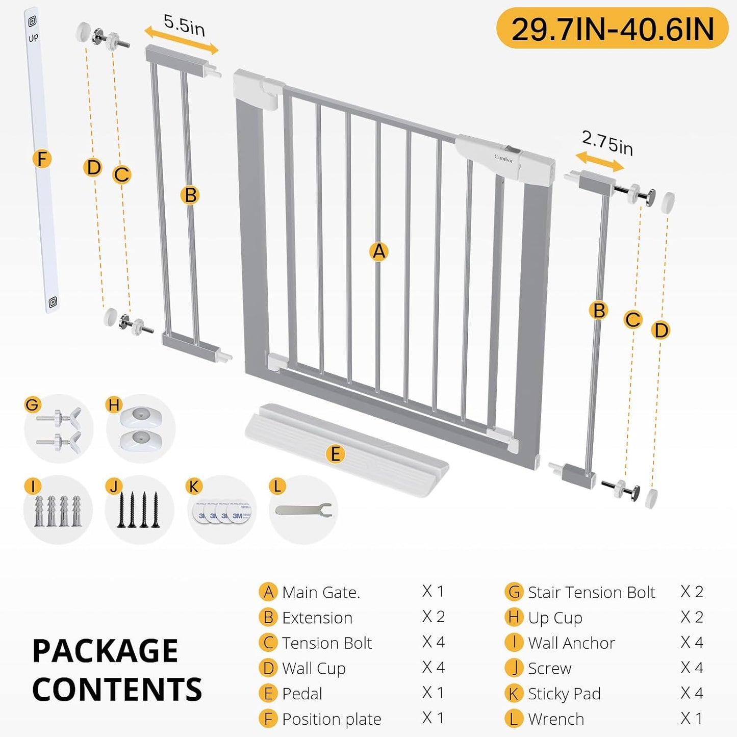 Cumbor 29.7-48" Baby Gate for Stairs, Mom's Choice Awards Winner-Dog Gate for Doorways, Auto Close Safety Pet Gate for Dogs Indoor, Easy Install Pressure Mounted Child Gate with Walk Thru Door, Brown