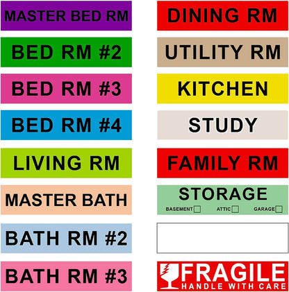 960 Count Home Moving Labels,16 Rolls Different Color Coding Moving Labels for Boxes Stickers + Fragile Moving Stickers + 1 Blank Label Roll for Customized Use