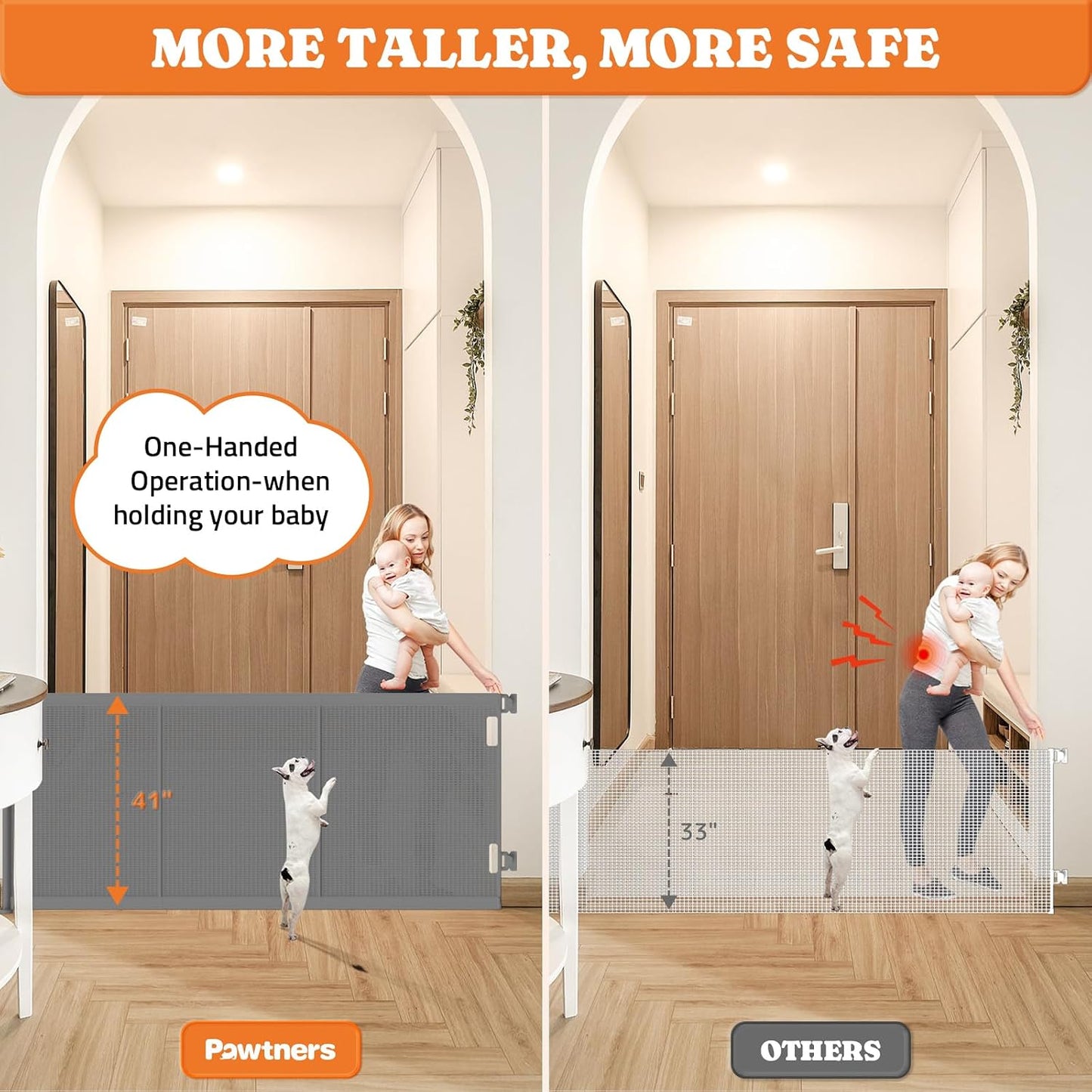 Pawtners Retractable Baby Gates Extra Wide, 41" Tall Extends up to 71" Wide, Dog Gate Indoor for Stairs, Pet Gate with Support Rods for Doorways Hallways Indoor & Outdoor-Black