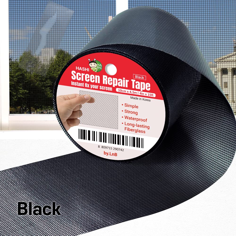 HA SHI Screen Repair Kit for Windows or Doors (2" x 6.5FT, Black) 3-Layer Strong Adhesive Tape, Made in Korea, Ease-Installation Fiberglass Covering Mesh