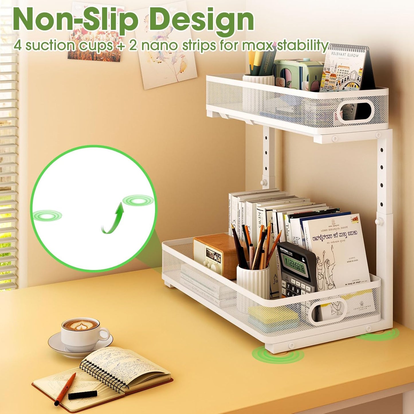 Under Sink Organizer 2-Pack, Metal 2-Tier Pull-Out Cabinet Shelf with Slide-Out Mesh Drawers, Height Adjustable, Space-Saving Under Sink Storage Racks for Kitchen, Bathroom, Laundry Room