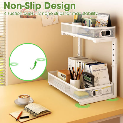Under Sink Organizer 2-Pack, Metal 2-Tier Pull-Out Cabinet Shelf with Slide-Out Mesh Drawers, Height Adjustable, Space-Saving Under Sink Storage Racks for Kitchen, Bathroom, Laundry Room
