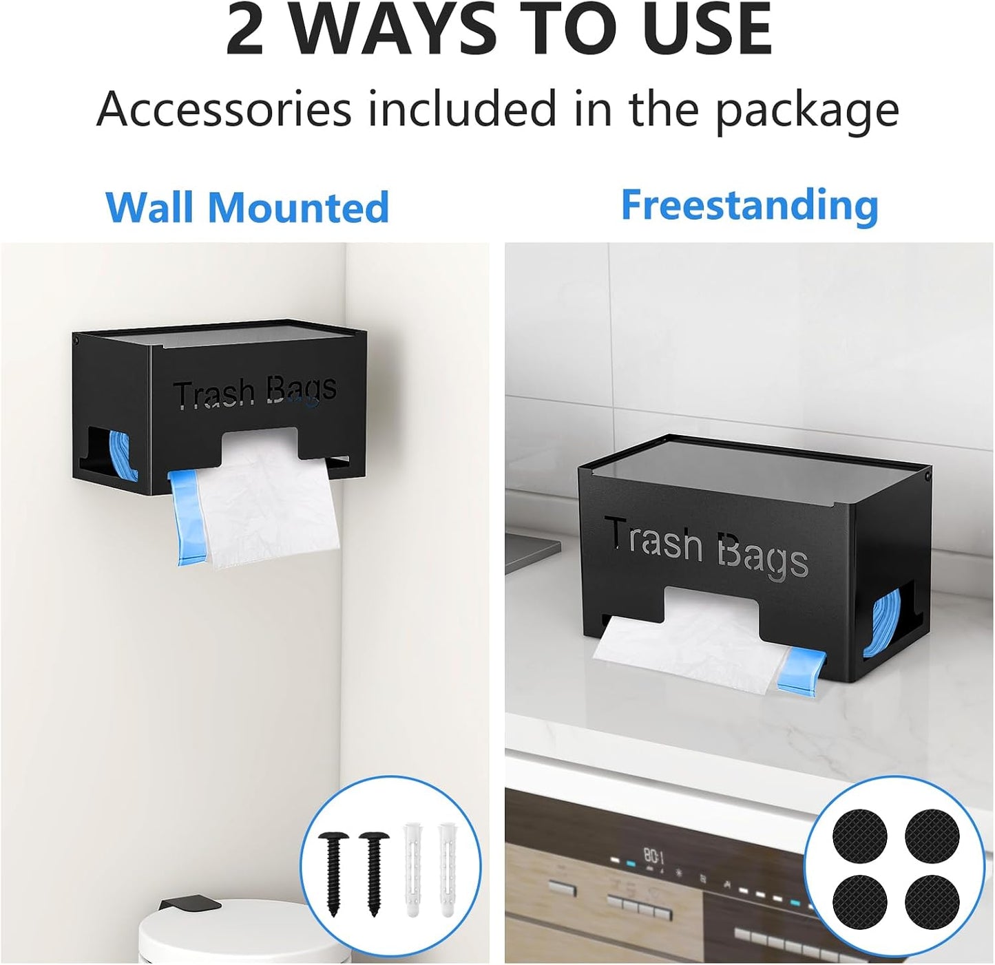 STWWO Large Trash Bag Holder Dispenser, Metal Garbage Bag Dispenser Roll Holder, Kitchen Trash Storage Organizer for Under Sink, Wall Mounted or Freestanding, Black