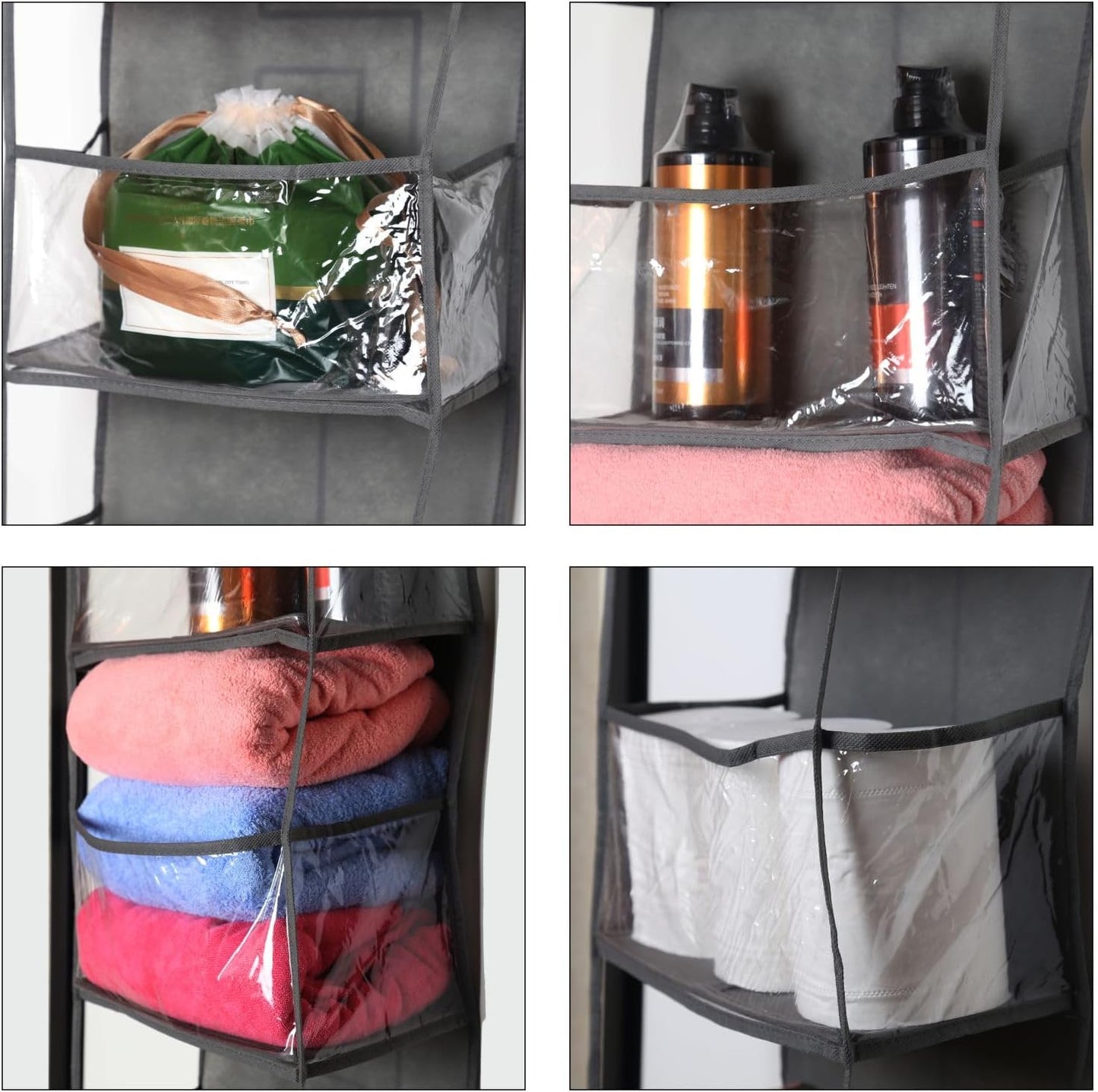4-Shelf Over The Door Hanging Pantry Organizer, Behind The Door Storage Organizer, with Clear Plastic Pockets, for Bedrooms, Closets, Bathrooms, Small Apartments, College Dorms (Grey)