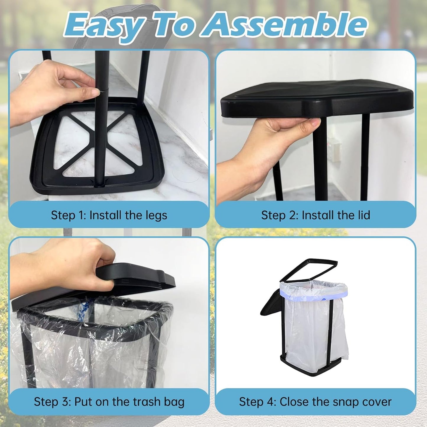 Collapsible Trash Bag Holder Portable Garbage Bin Holder Stand for Kitchen Outside High Capacity Plastic Outdoor Trash Can with Lid for Parties and Camping, Black