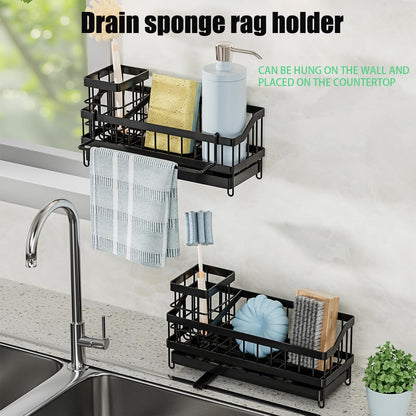Sponge Holder for Kitchen Sink, Sink Caddy with Brush Holder, Soap Dispenser for Kitchen Organizers, Rustproof and Non-Slip, Suspension or Floor-Standing, Matte Black