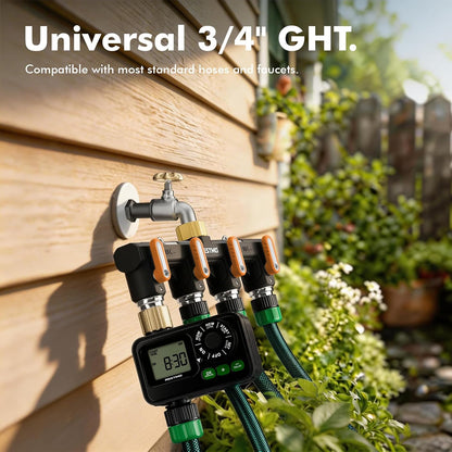 Restmo Garden Hose Splitter, 4 Way Heavy Duty Full Metal Water Spigot Splitter with Shutoff Valve, Outdoor Faucet Spigot Adapter with Extended Levers, 3/4" GHT Thread - Green