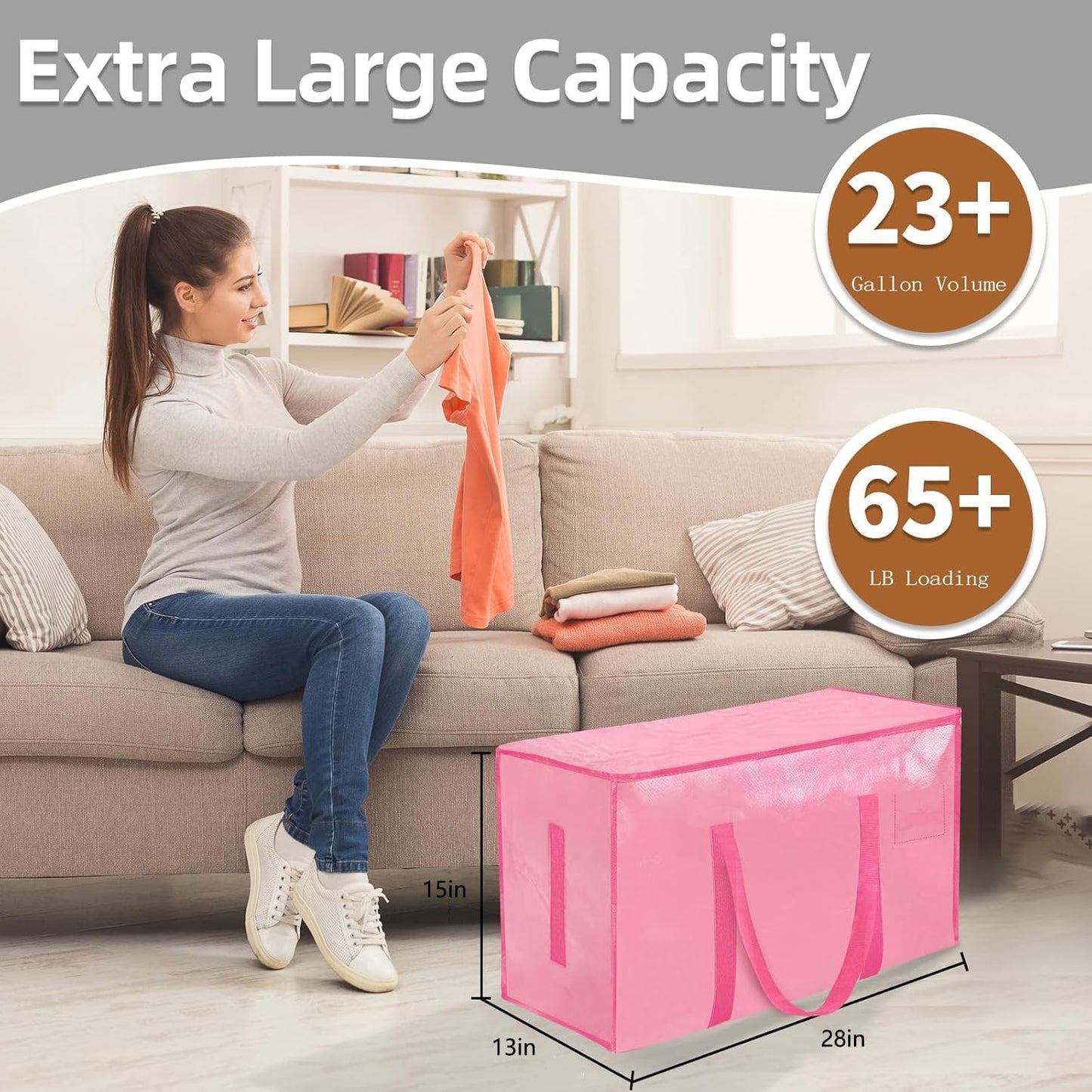 8 Pack-Extra Large Heavy Duty Moving Bags - Waterproof Storage Totes with Handles & Zippers, Foldable for College Dorm, Storage (Clear)