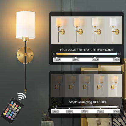 Battery Operated Wall Sconces Set of Two,Wireless Rechargeable Wall Light With Remote Control, Dimmable, Amber Light/Warm White/Natural White/Daylight/RGB, Timer,for Living Room,Bedroom,Entryway,Gold