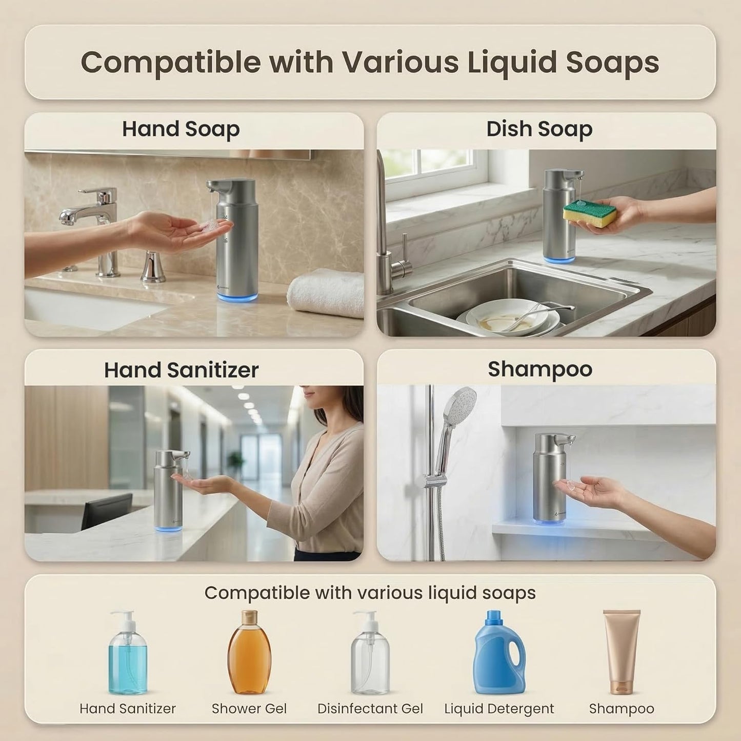 GentleJet CrystalJet Automatic Liquid Soap Dispenser – Touchless Sensor, Stainless Steel, USB-C Rechargeable, Waterproof Kitchen & Bathroom Countertop Soap Dispenser, 300 ml