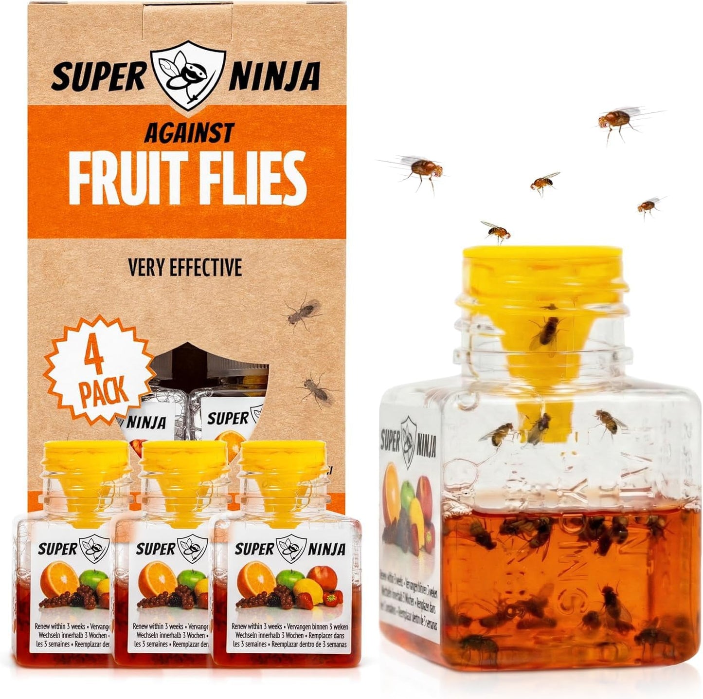 Super Ninja Fruit Fly Traps for Indoors - 4 Pack, Highly Effective Fruit Fly Catcher for Indoor Use for Home & Kitchen, Up to 3 Weeks of Performance per Bottle, Kid & Pet Friendly