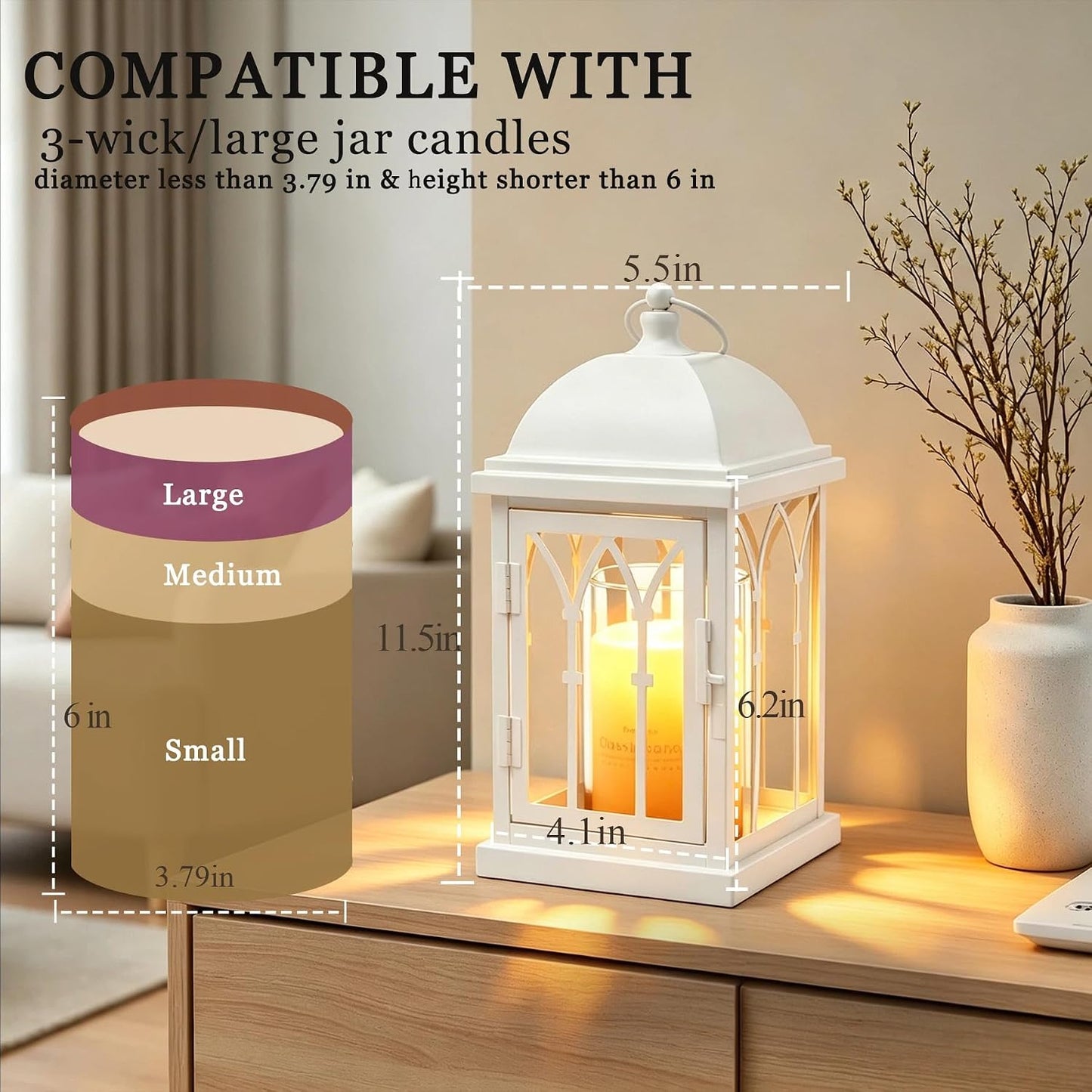 Candle Warmer Lamp with Timer Dimmer,Electric Candle Lamp Lantern Style,Compatible with 3 Wick/Large Candle,Fully Enclosed & Hangable Designed for Family with Pet,Children
