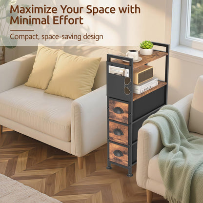 Oppro Small Narrow Side End Table, 2 Drawer Slim Nightstand Bedside Sofa Table with Wheels, Space Saving Rolling Skinny Thin Desk with Storage Bag for Bedroom Living Room Couch Bathroom Dorm