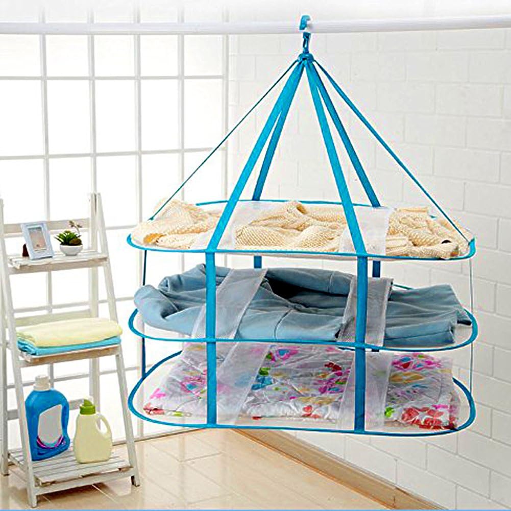 3 Tiers Folding Drying Rack, Mesh Clothes Hanging Dryer, Portable Hanging Laundry Rack with Fixing Band, Lay Flat to Dry Mesh Clothes Hanger for T-Shirt,Swimsuit,Sweater,Delicates