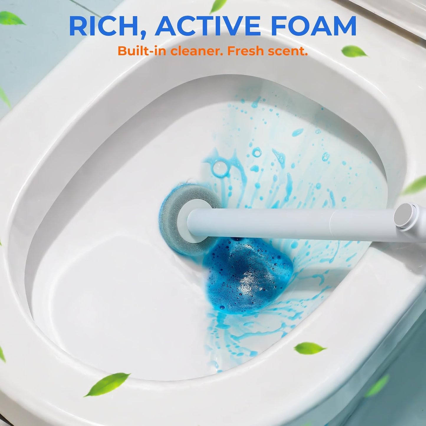Disposable Toilet Brush and Holder Set - Hands-Free Eject Sponge Toilet Wand with Floor Standing Caddy, Secure-Lock Hangable Toilet Scrubber