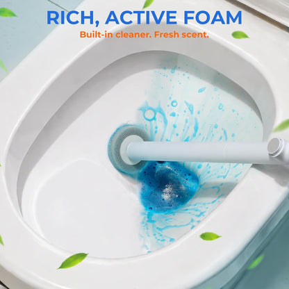 Disposable Toilet Brush and Holder Set - Hands-Free Eject Sponge Toilet Wand with Floor Standing Caddy, Secure-Lock Hangable Toilet Scrubber