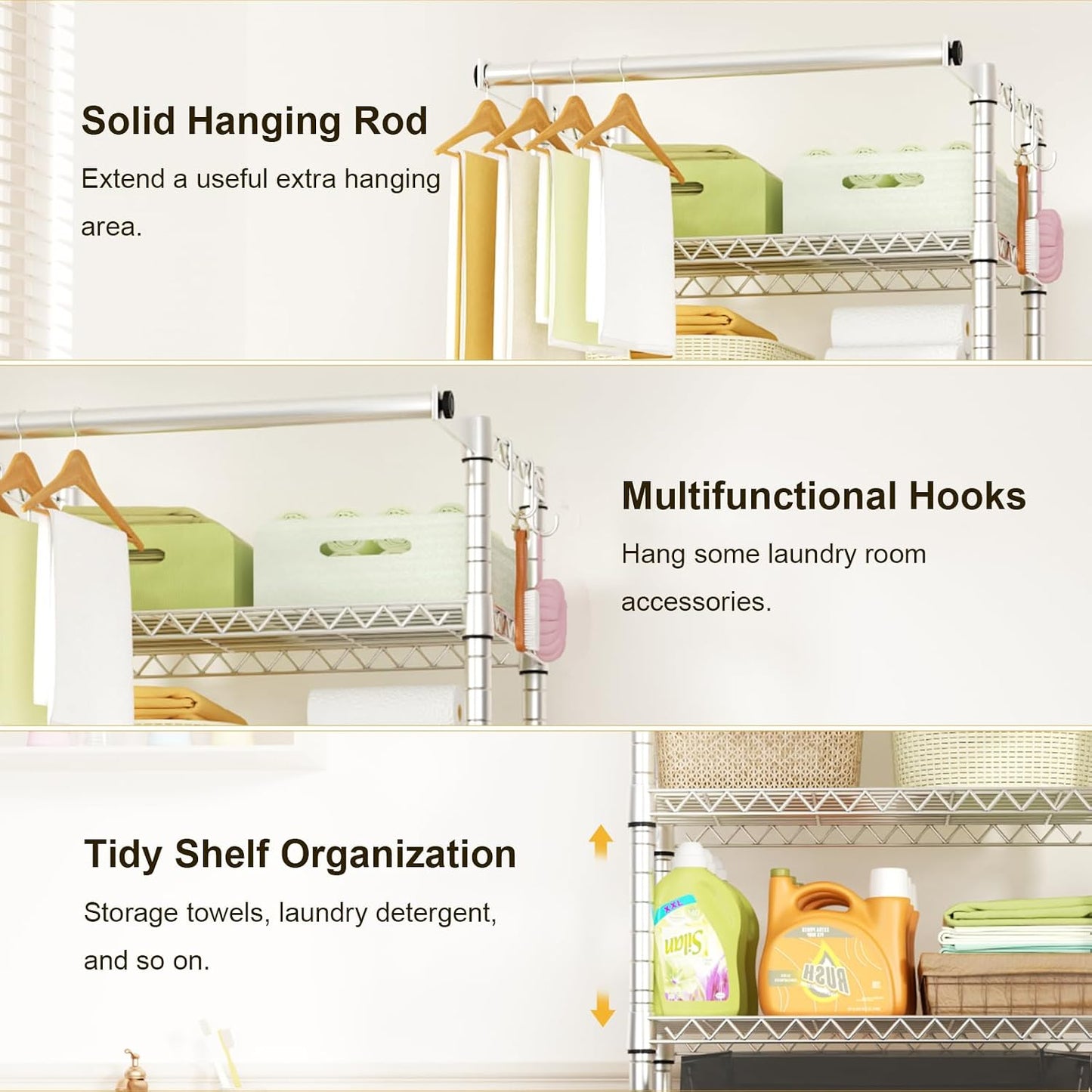 Ulif U11 Over Washer and Dryer Shelves, 3 Tiers Laundry Room Storage and Organizer Standing Shelf, Metal Freestanding Clothes Drying Rack, 33.9" W x 19.7" D x 77.6" H, Black