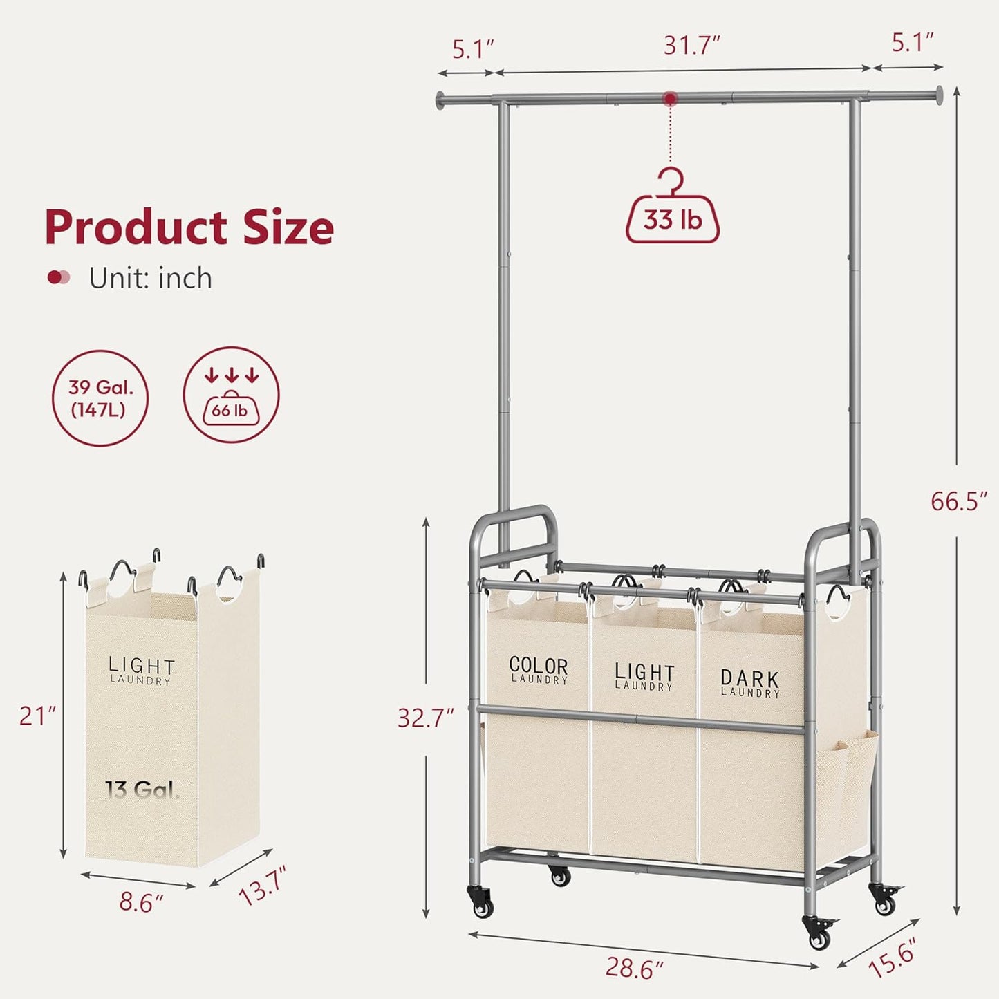 Tajsoon Laundry Hamper with Hanging Rack, 3 Section Laundry Sorter with Heavy Duty Lockable Wheels, Laundry Basket Organizer for Dirty Clothes Storage, 3 Beige