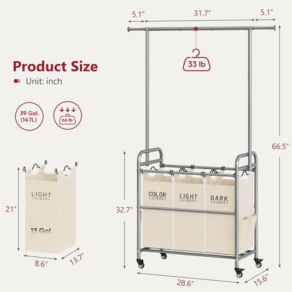 Tajsoon Laundry Hamper with Hanging Rack, 3 Section Laundry Sorter with Heavy Duty Lockable Wheels, Laundry Basket Organizer for Dirty Clothes Storage, 3 Beige