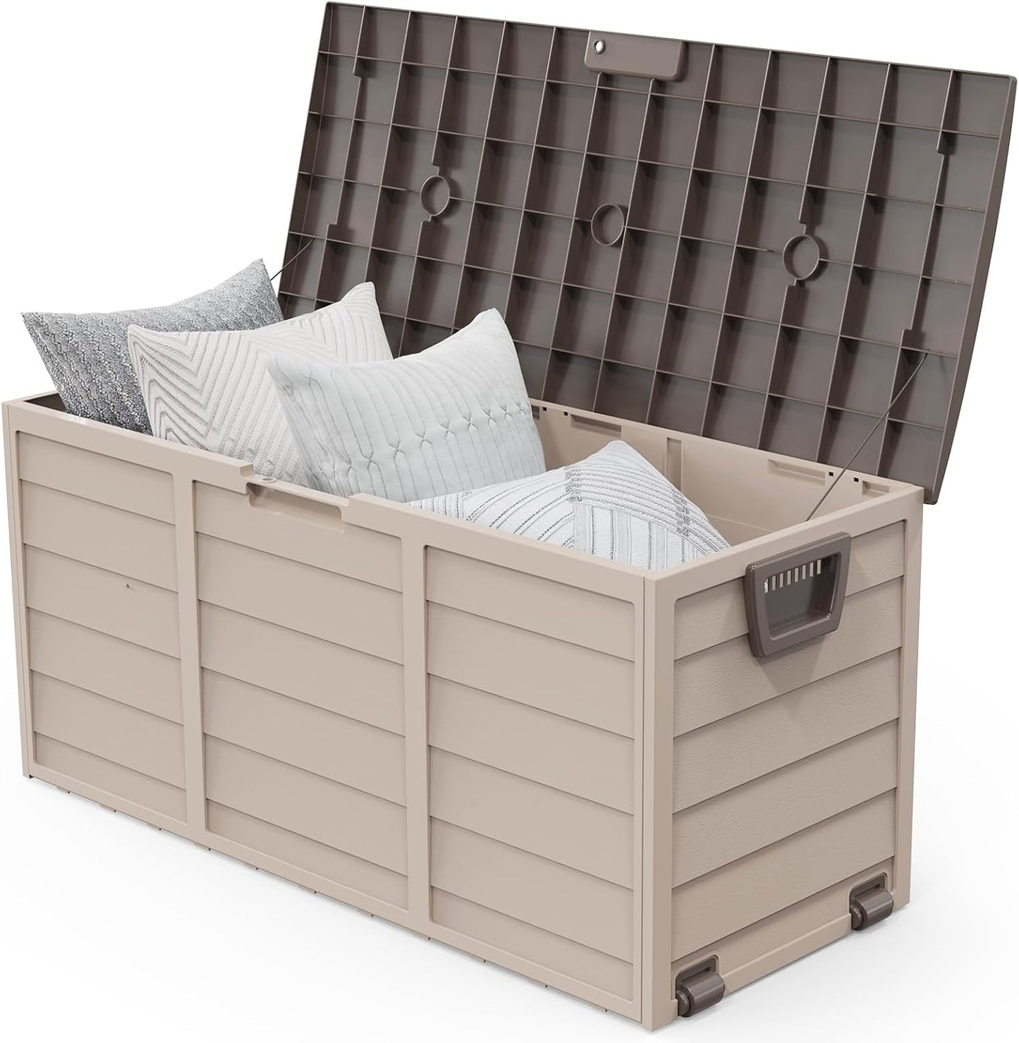 VINGLI 75 Gallon Outdoor Storage Box, Lockable Plastic Storage Containers with Lid, Patio Deck Box Furniture for Garden, Pool, Balcony, Yard (Coffee)