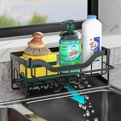 Sink Sponge Holder, Kitchen Sink Caddy Organizer,304 Stainless Steel Dish Sponge Organizer with Auto Drain Tray,Dish Soap Dispenser Brush Holder Storage