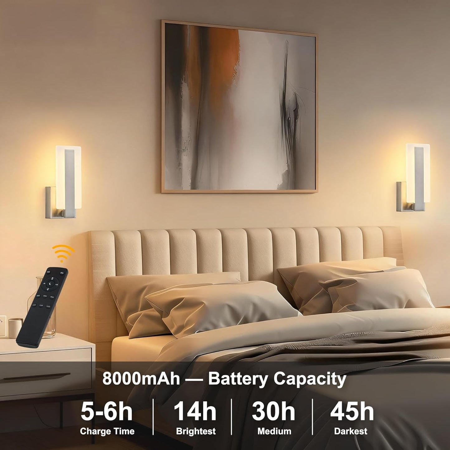 KARTOOSH Rechargeable Wireless Wall Sconces,Battery Operated Modern Wall Light Set of Two with Remote Control,Dimmable,3000K/4000K/6000K,Timer,Cordless Lighting for Hallway,Bedroom,Living Room Black