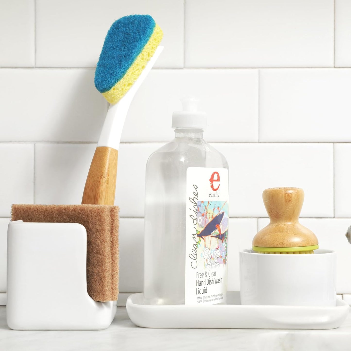Full Circle Stash, Ceramic Kitchen Sink Caddy, Stylish Sponge Holder & Dish Brush Organizer, Easy to Clean, Dishwasher Safe, Rustproof, White and Gray, 11"