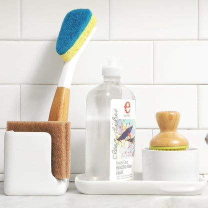 Full Circle Stash, Ceramic Kitchen Sink Caddy, Stylish Sponge Holder & Dish Brush Organizer, Easy to Clean, Dishwasher Safe, Rustproof, White and Gray, 11"