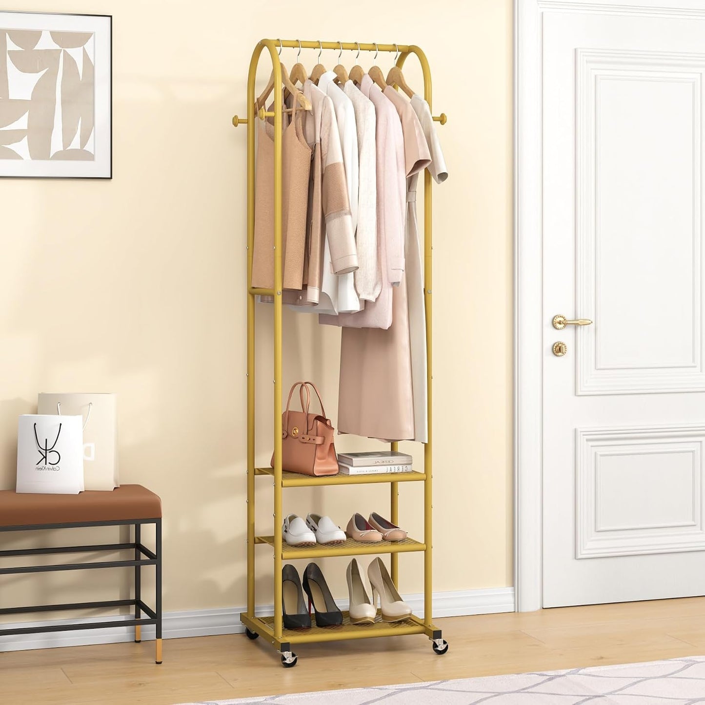 Kaitiemoo Heavy Duty Clothing Rack with Wheels,Modern Garment Rack with 3 Metal Shelves, 71.8Inches Display Rack for Hanging Clothes, Hanging Rod for Small Spaces,White