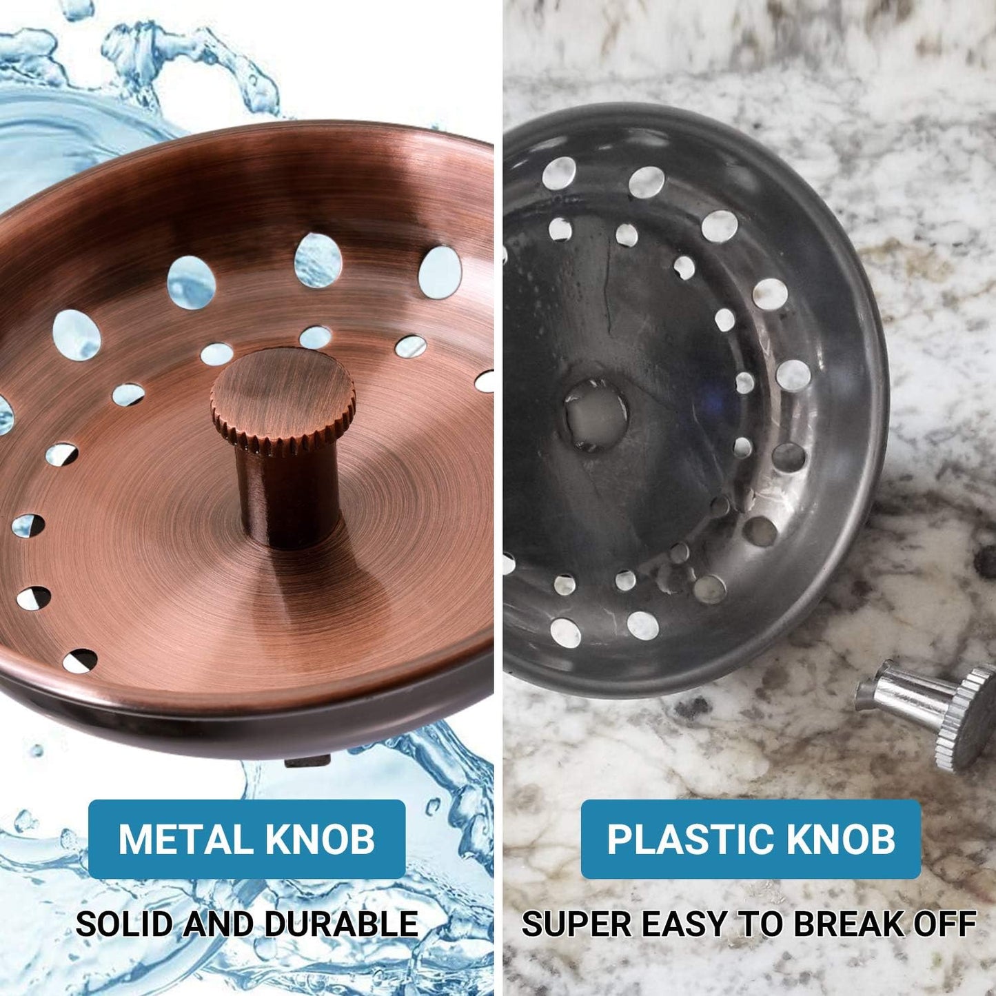 KONE 2PCS Kitchen Sink Basket Strainer Replacement for 3-1/2 Inch Standard Drains Brushed Stainless Steel Body Metal Center Knob with Rubber Stopper