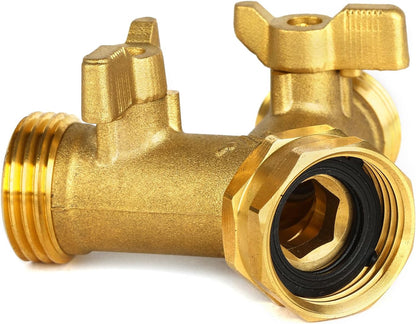 Garden Hose Splitter 2 Way Heavy Duty, Brass Faucet Adapter With Long Handle For Gardening Water Hose Shut Off Valve Hose Connector Fittings Outdoor Water Spigot Hose Bib Y Splitter