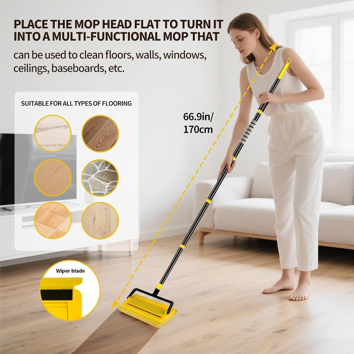 High Ceiling Fan Cleaner Duster for Fans Blades Cleaner with 78.7in Extension Pole Extra Long Handle Cleaning Tool，Reusable Chenille & Microfiber Mop Head for Baseboard Wall Floor Window Glass Wiper
