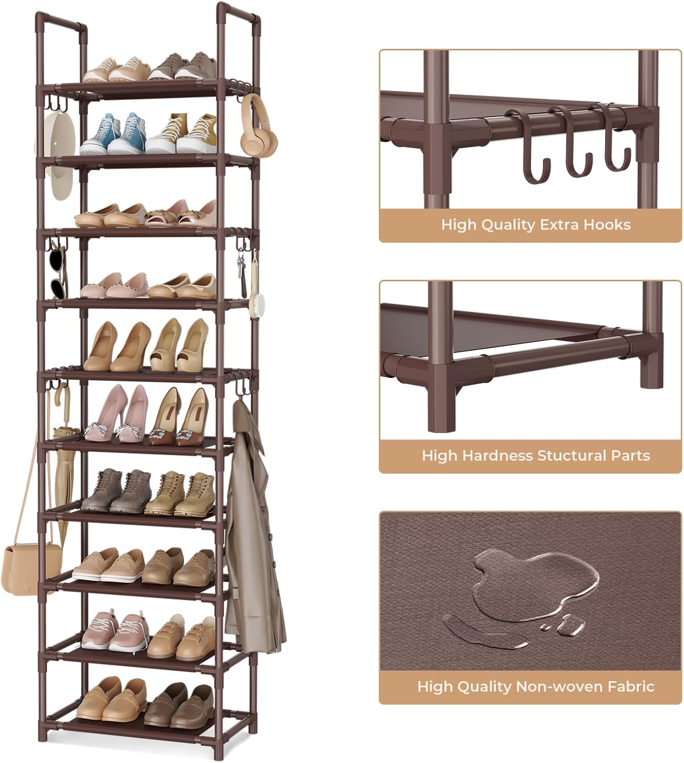 VTRIN 10 Tiers Tall Shoe Rack Holds 20-25 Pairs of Shoes Sturdy Vertical Shoe Organizer with 18pcs Hooks Stackable Narrow Shoe Rack for Closet, Entryway Black