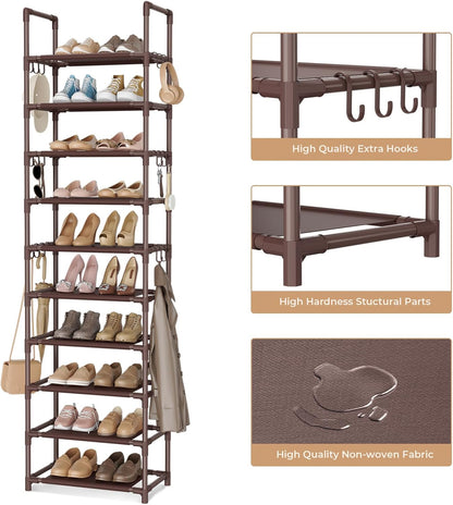 VTRIN 10 Tiers Tall Shoe Rack Holds 20-25 Pairs of Shoes Sturdy Vertical Shoe Organizer with 18pcs Hooks Stackable Narrow Shoe Rack for Closet, Entryway Black