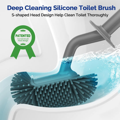 HAMITOR Toilet Bowl Brush Holder Set: Silicone Toilet Cleaner Brush with Curved Design Deep Cleaning Compact Hidden Scrubber for Bathroom Small Space - Modern Rv Toilet Decor Accessories - Gray