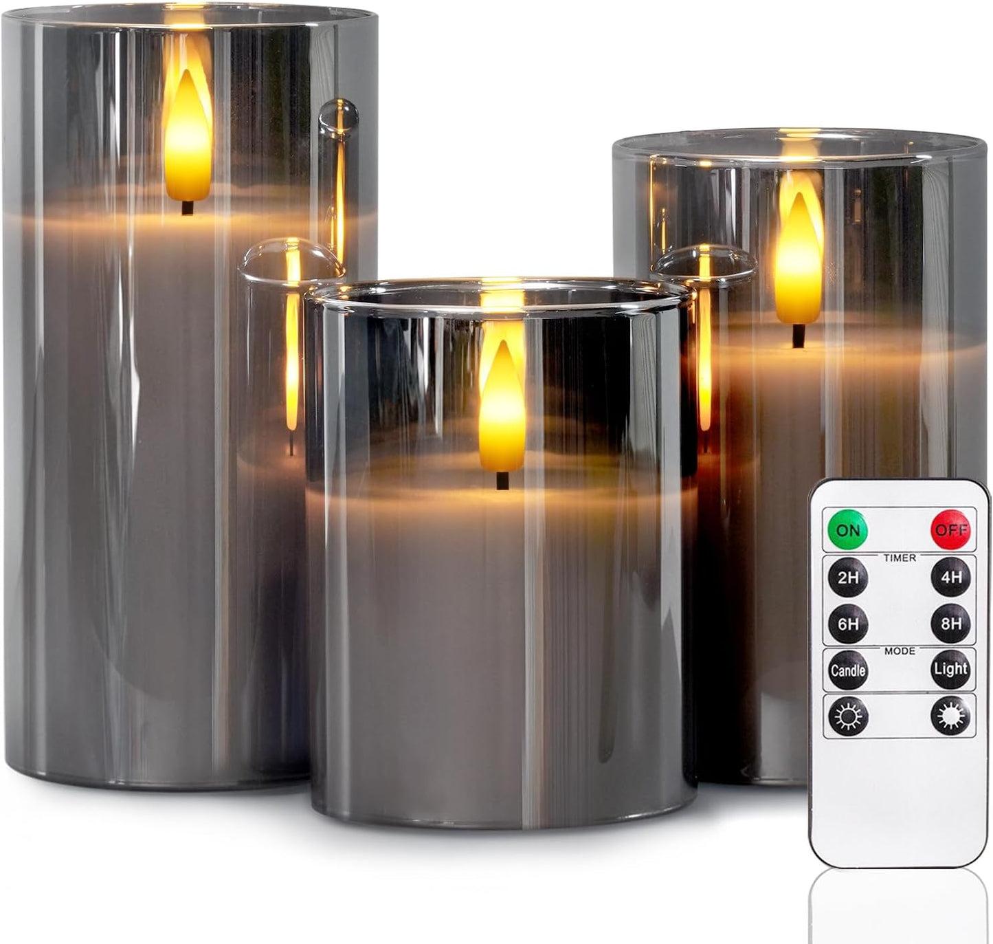 5plots Glass Battery Operated White Flameless Candles with Remote Timer, 3D Wick Real Wax Pillar Led Candles Warm Flickering Light for Indoor Home, Halloween, Christmas Decor, Set of 3, D3 x H4 5" 6"