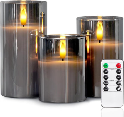 5plots Glass Battery Operated White Flameless Candles with Remote Timer, 3D Wick Real Wax Pillar Led Candles Warm Flickering Light for Indoor Home, Halloween, Christmas Decor, Set of 3, D3 x H4 5" 6"