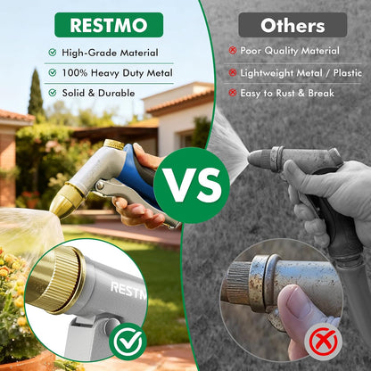 RESTMO Metal Water Hose Nozzle, Heavy Duty Garden Hose Sprayer for Outdoor | Adjustable Brass Spray Head, 4 Watering Patterns, Jet | Mist | Cone | Full, Leak-proof, Ideal for Lawn & Plant & Car, Green